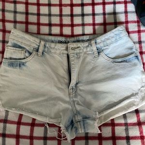 High rise light washed denim shorts